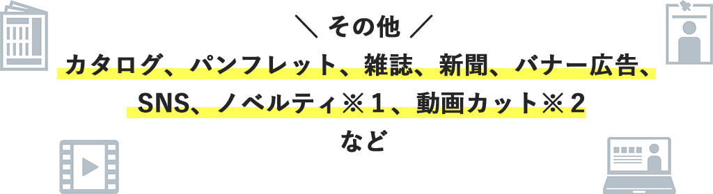 ＼その他／カタログ、パンフレット、雑誌、新聞、バナー広告、SNS、ノベルティ※1、動画カット※2など